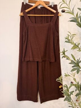A New Day Brown Linen Blend Matching Pant Top Set Women’s M Regular